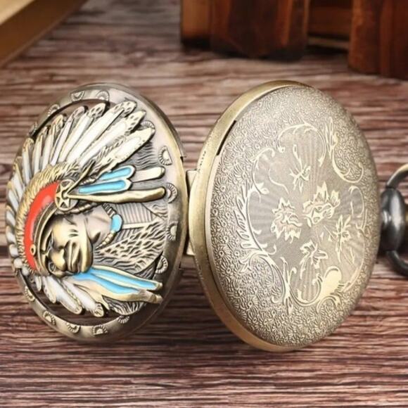Native American Pocket Watch Gold Indian Chief Turquoise Christmas Birthday Gift - Picture 3 of 6